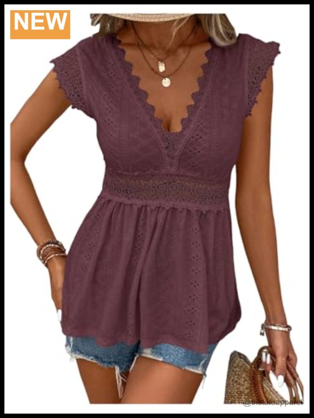 Lace Eyelet Embroidery Peplum Blouse Top Cap Sleeve Flowy Summer T Shirt